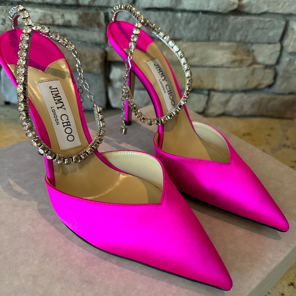 Jimmy Choo Saeda 100mm Fuchsia Satin Crystal Ankle Strap Pump Size 38.5 EU